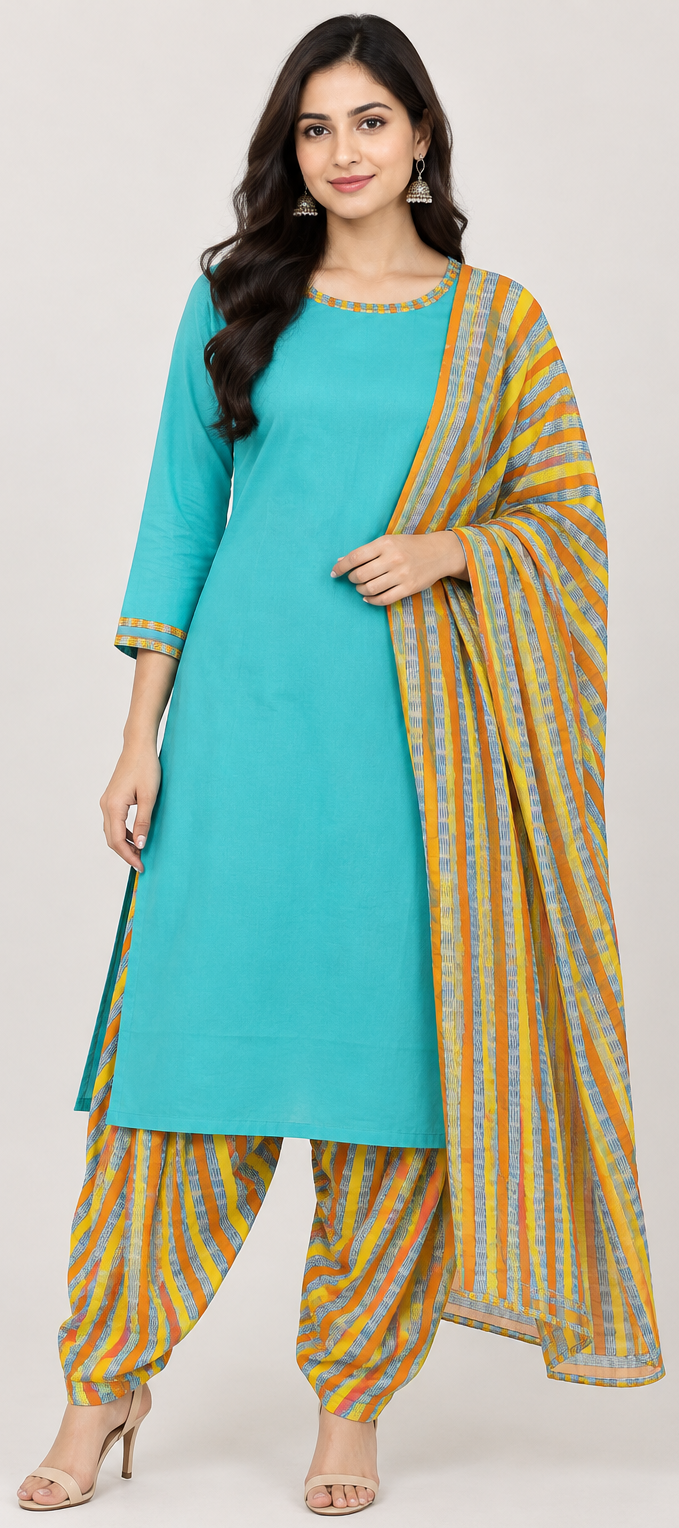 Model wearing a turquoise blue dress with three-quarter sleeves and striped trim, styled with striped pants and dupatta