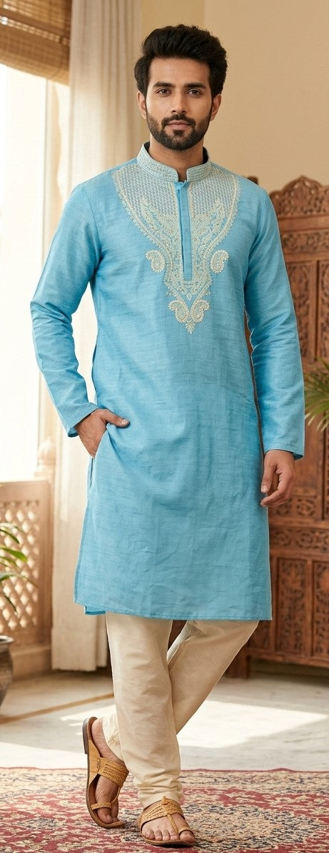 Blue silk kurta pajama set with dupatta - front view
