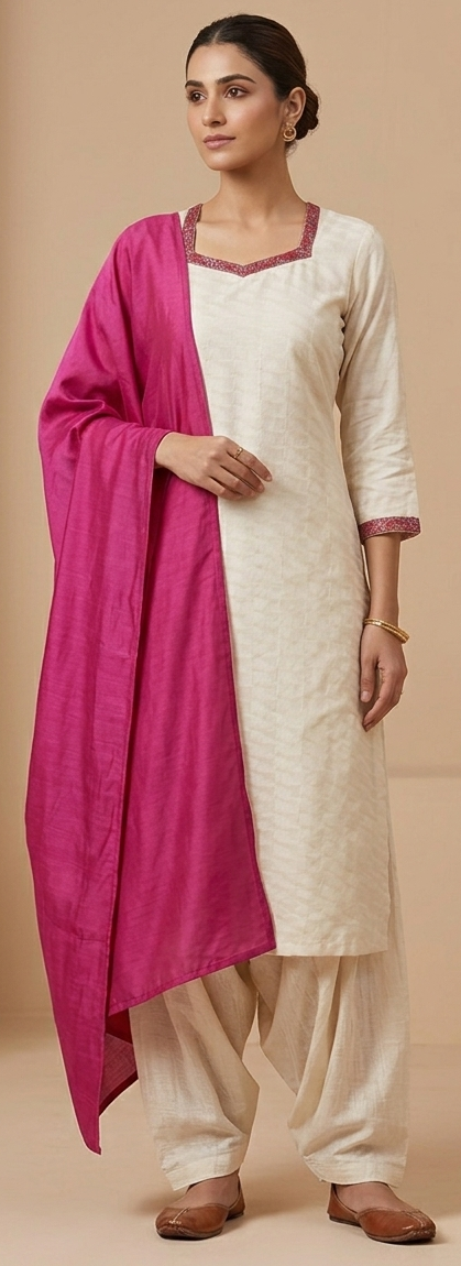 Elegant Cream Cotton Kurta Set with Magenta Dupatta (Chest Size: 48")