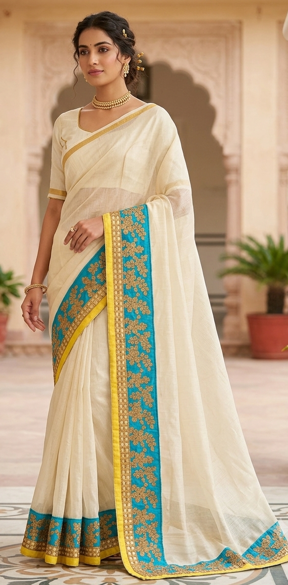 Cream art silk saree with teal embroidered border featuring golden floral motifs and yellow trim, worn by a model in a heritage courtyard