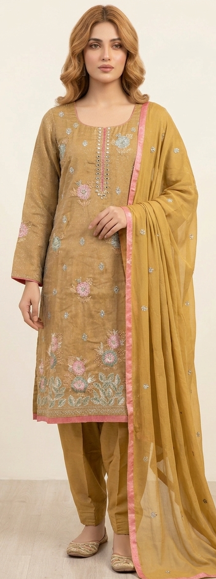Gold Embroidered Cotton Salwar kameez plus chest size 50