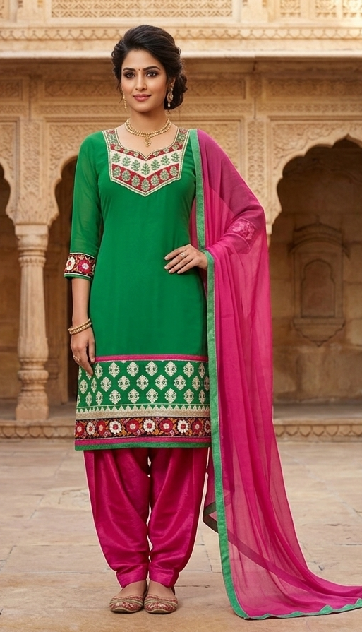Vibrant Emerald Green & Magenta Pink Embroidered Salwar Suit Set with Bordered Dupatta (Chest Size: 48")