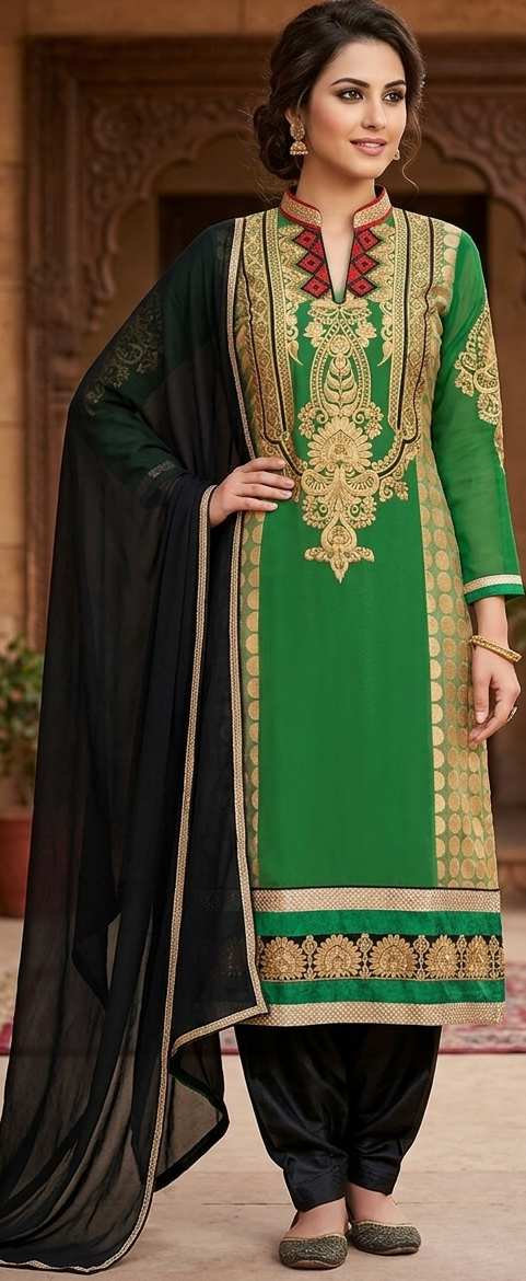 Elegant Green & Gold Embroidered Straight Kurta Set plus chest size 48