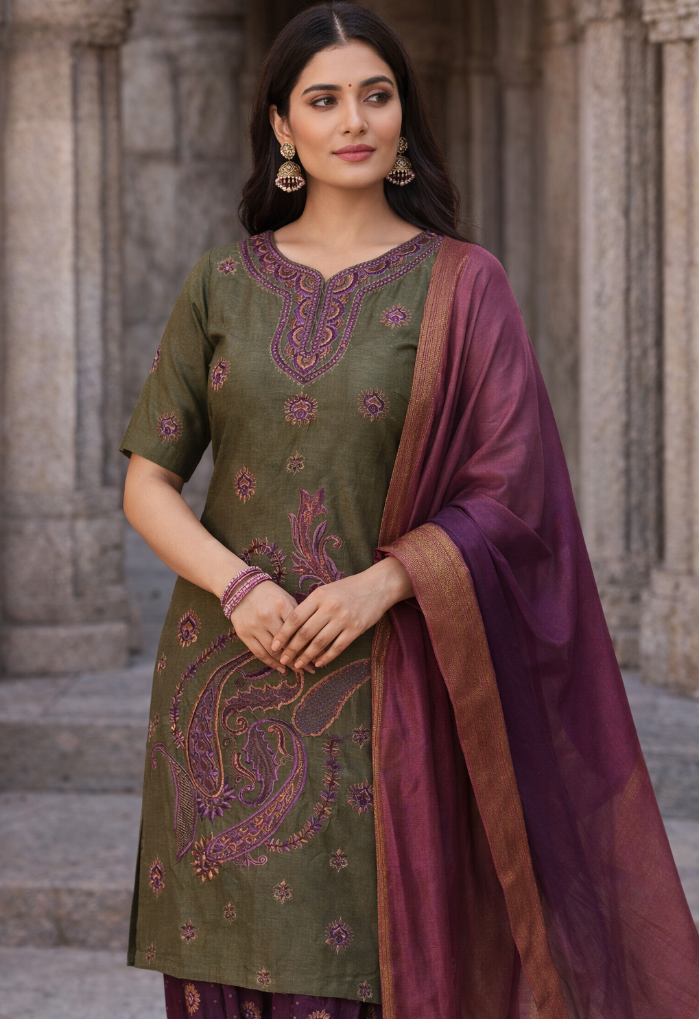 Green Silk Plus Chest Size 50 Embroidered Salwar Kameez Set