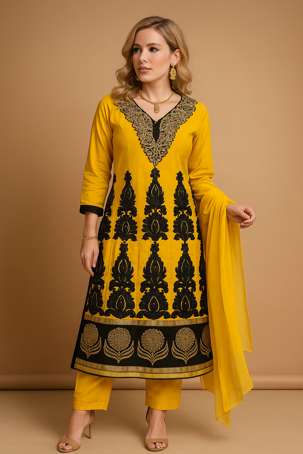 Yellow salwar kameez Dupatta set plus chest size 48