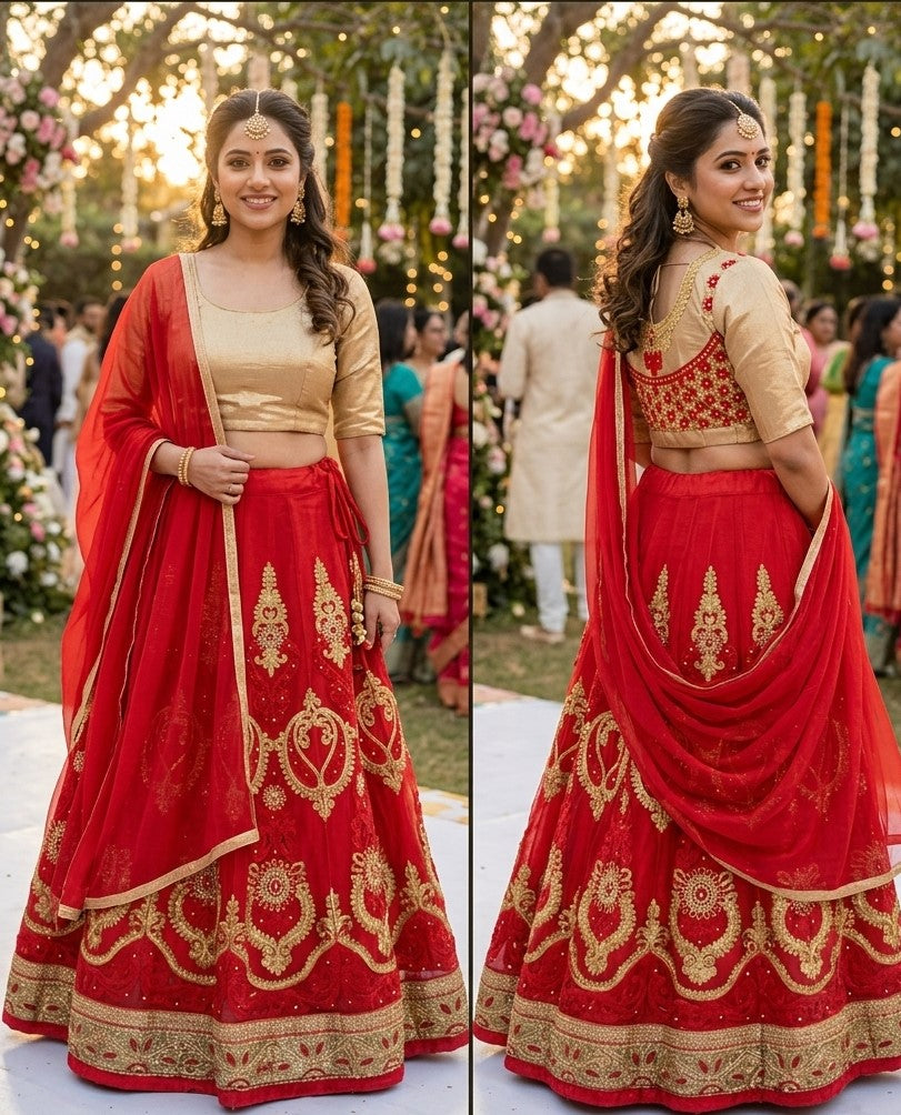 Red and gold bridal lehenga choli set showing front and back view with gold zari embroidery - size 40 medium