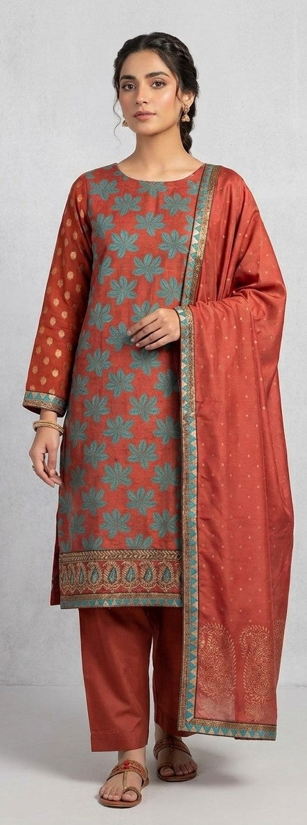 Rust and teal Banarasi cotton silk salwar kameez set with paisley border and matching dupatta