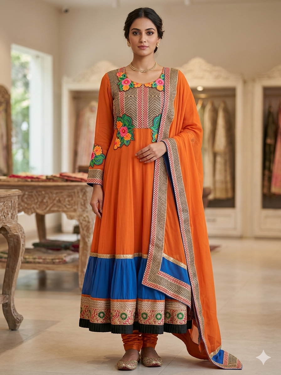 Orange Salwar Kameez Dress Anarkali long gown Plus chest size 48