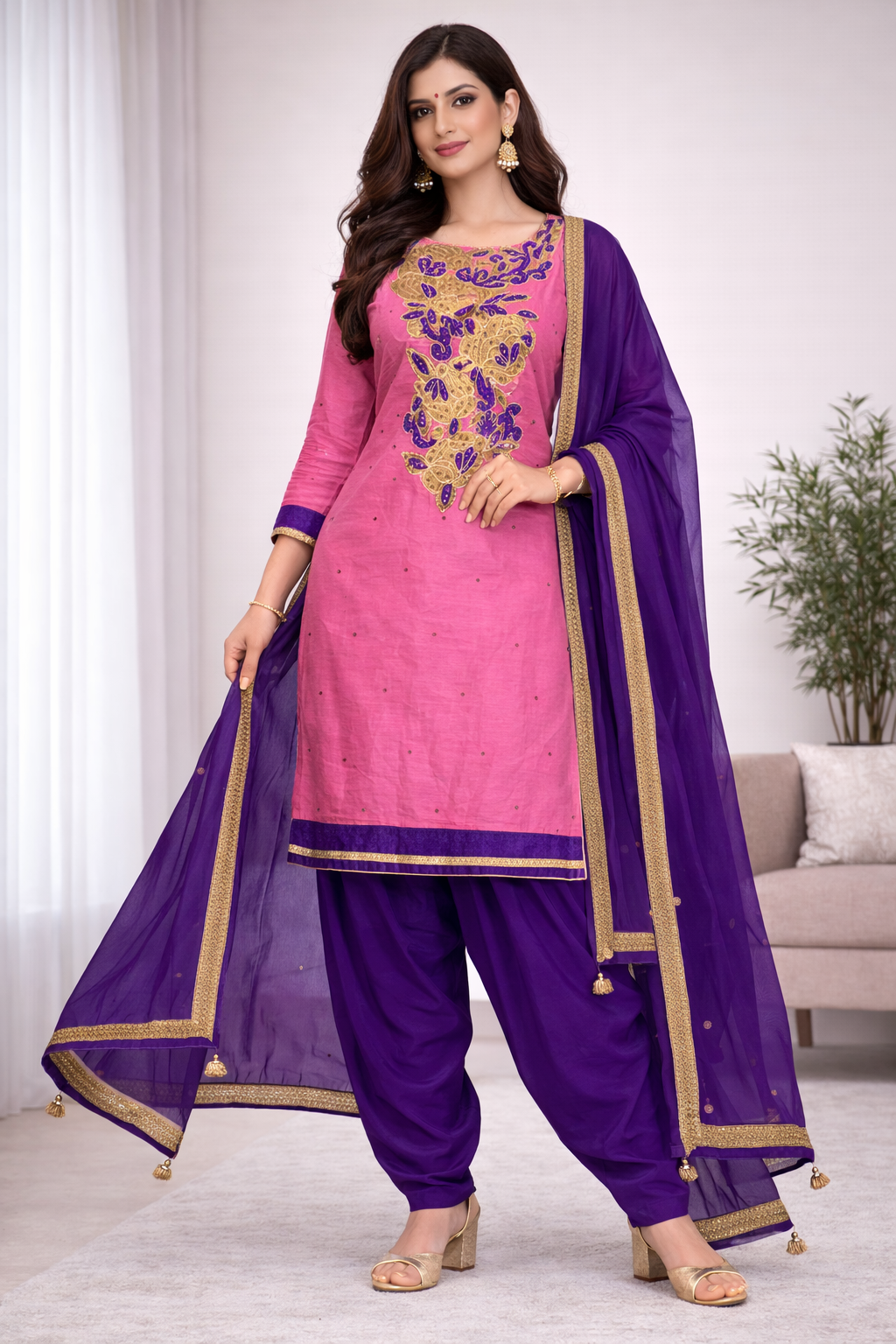 Pink Embroidered Plus Chest size 50 Long sleeve wedding party wear Bollywood