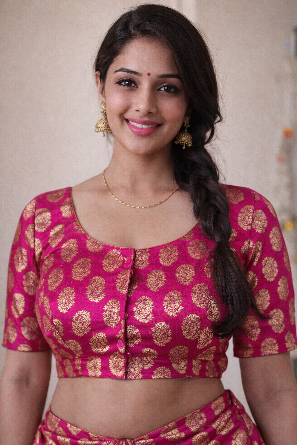 "Rani pink gold paisley brocade readymade blouse with round neck and short sleeves, worn by a woman styled with gold jhumka earrings and a braided hairstyle"