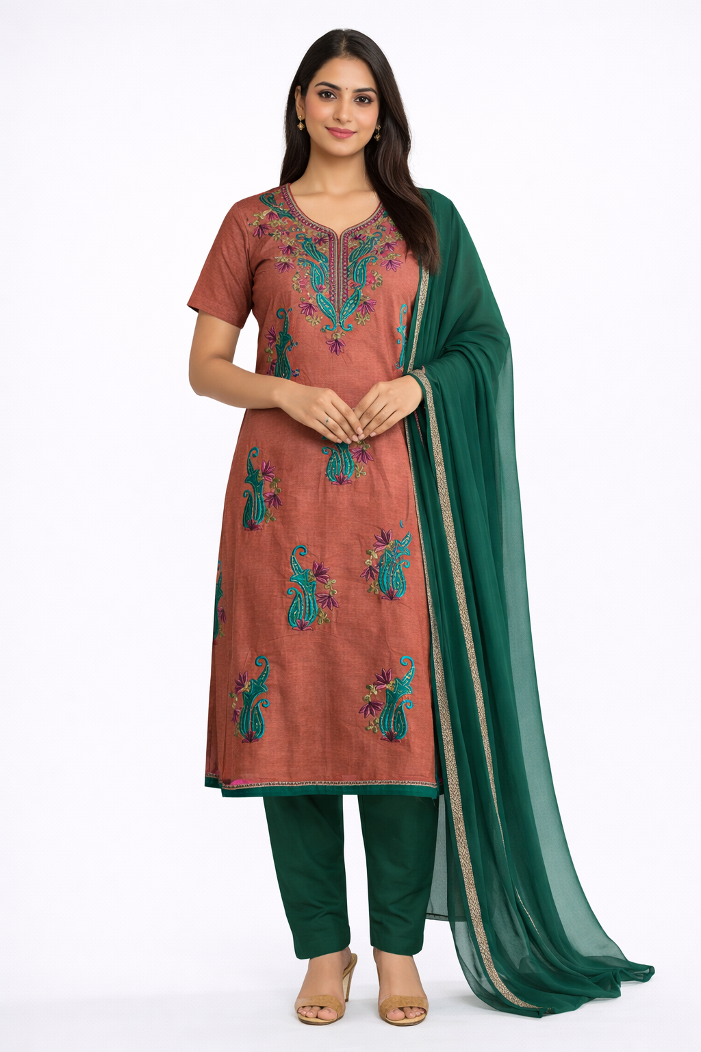 Brown short Sleeve Plus Size 54 Embroidered Salwar Kameez Set