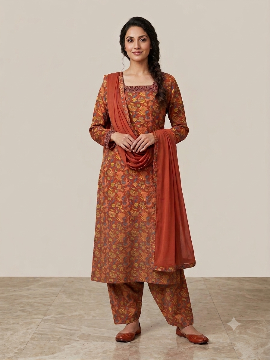 Rust & Ochre Kalamkari Floral Printed Salwar Suit Set plus size 48