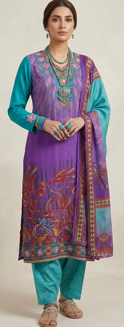 Purple Embroidered Salwar kameez Dress Plus chest size 54