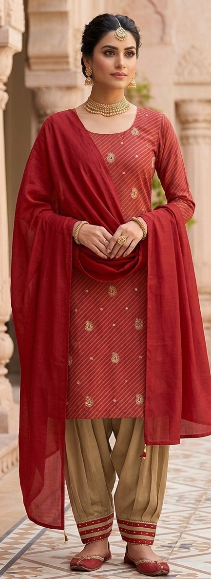 Maroon Leheriya & Gold Embroidered Cotton Salwar Suit Set with Beige Salwar chest 46