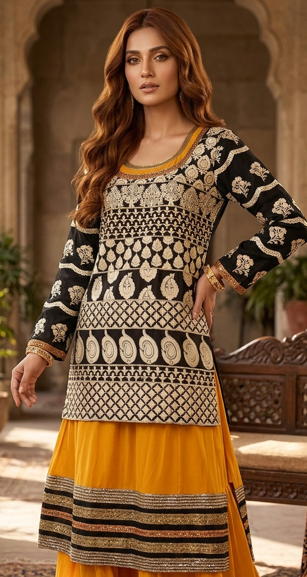 Elegant 4-Piece Mustard & Black Embroidered Kurta Salwar Set with Jacket & Dupatta plus size 50