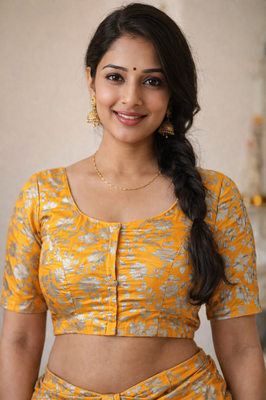 "Yellow silver floral brocade readymade saree blouse – Indian wedding festive wear sizes XS to XL"