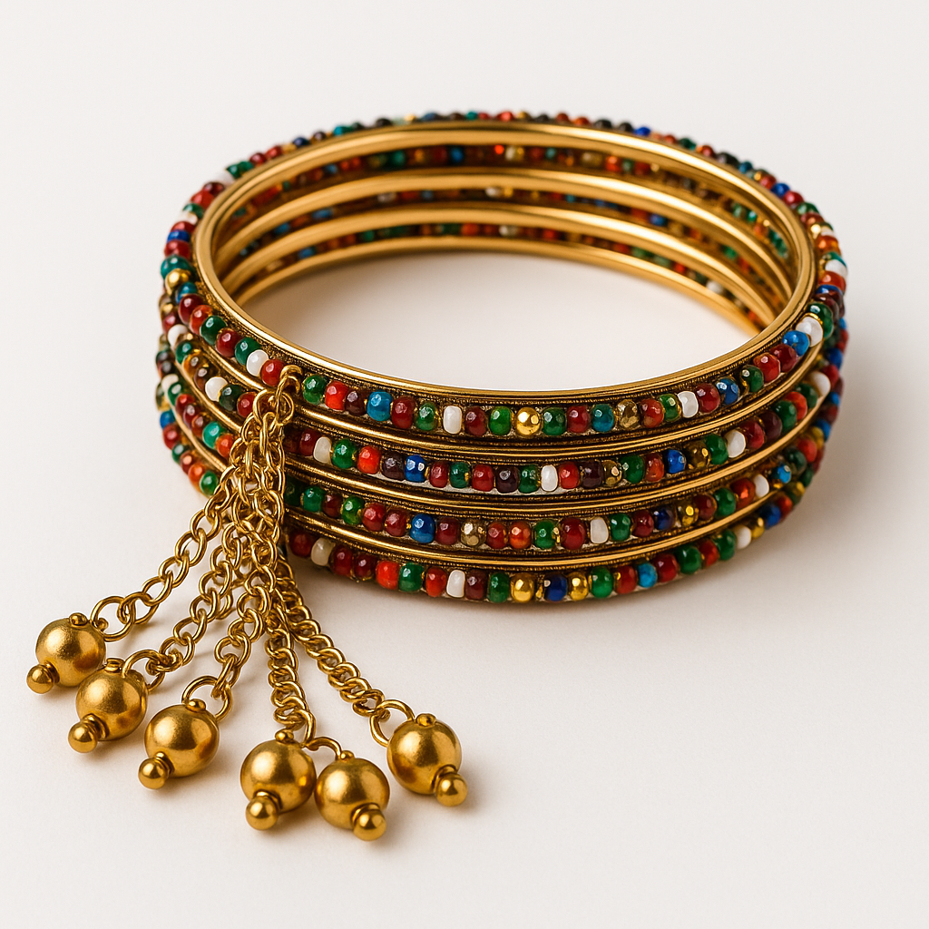 Multicolor Beaded Bangles Set with Hanging Charms – Size 2.8 Large