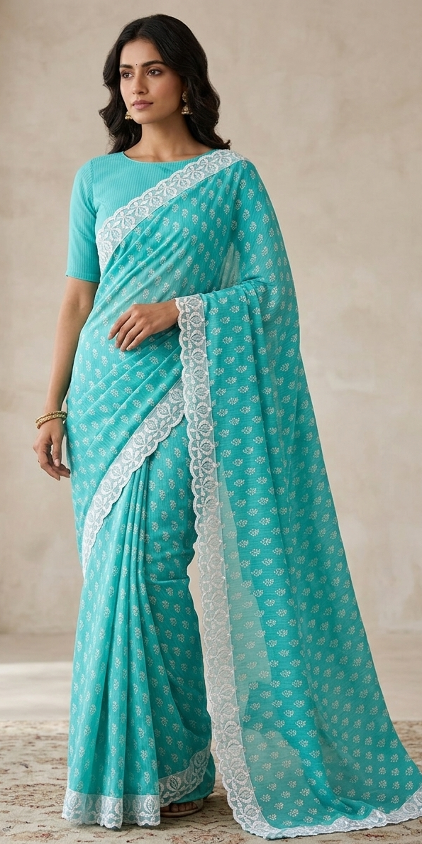 Bright turquoise saree with blouse Indian wedding party wear