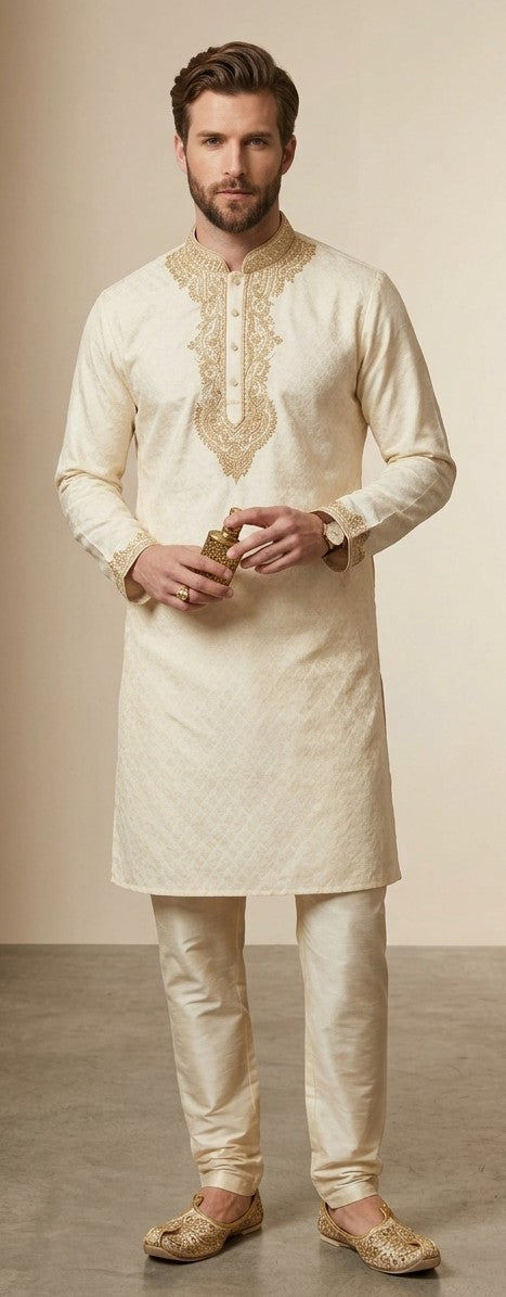 Cream men's long-sleeve kurta showing gold-tone neckline and cuff details
