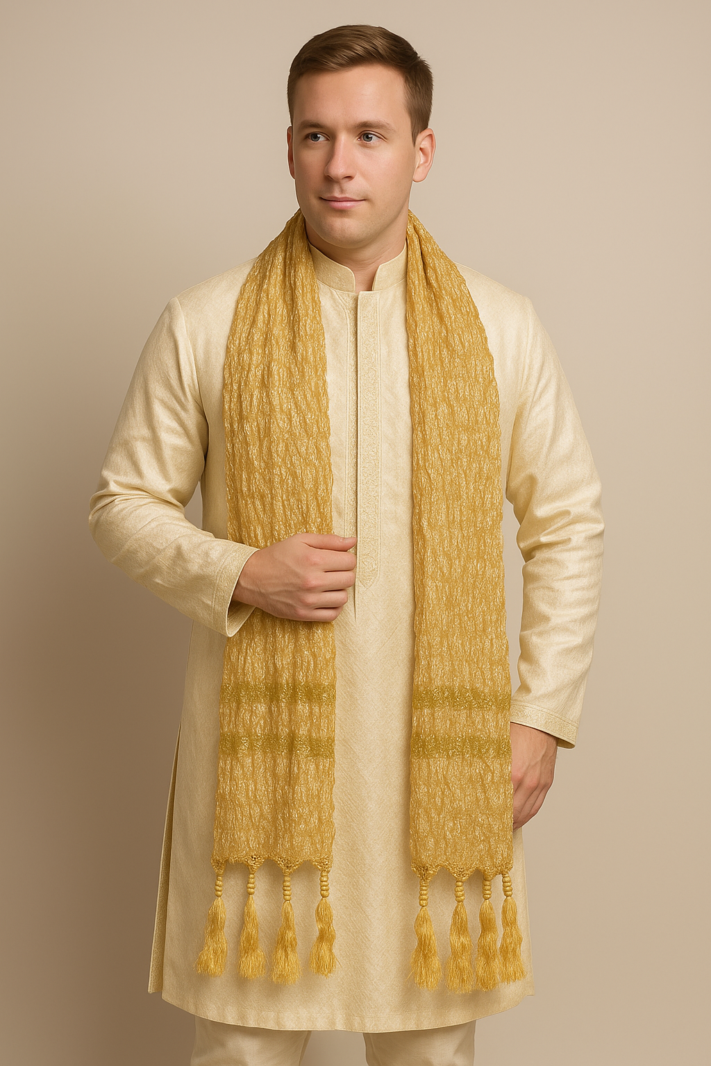 Set Of 6 Gold Men Scarf Dupatta Shawl Match Kurta Sherwani Indian Wedding Bollywood party wear