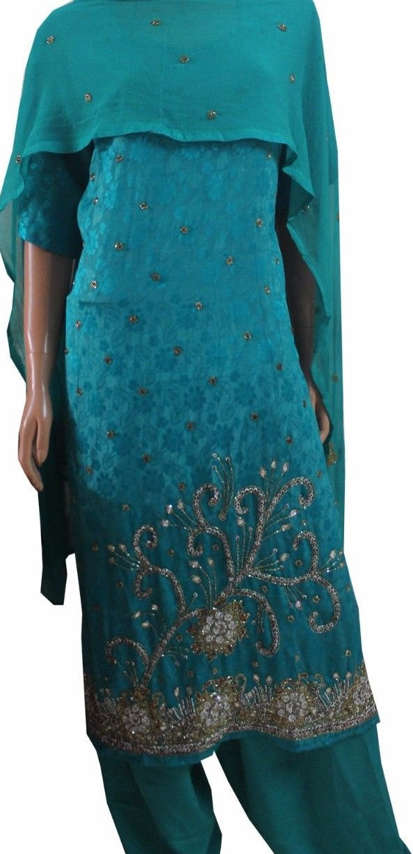Green Beaded Salwar Kameez Dupatta Set Plus Chest Size 52