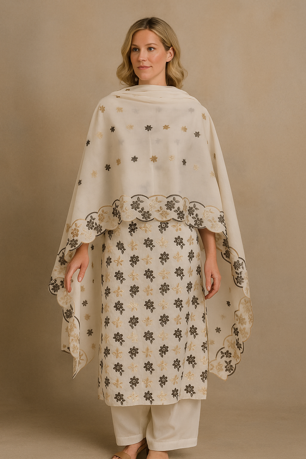 Cream Embroidered salwar kameez Dupatta set plus chest Size 56