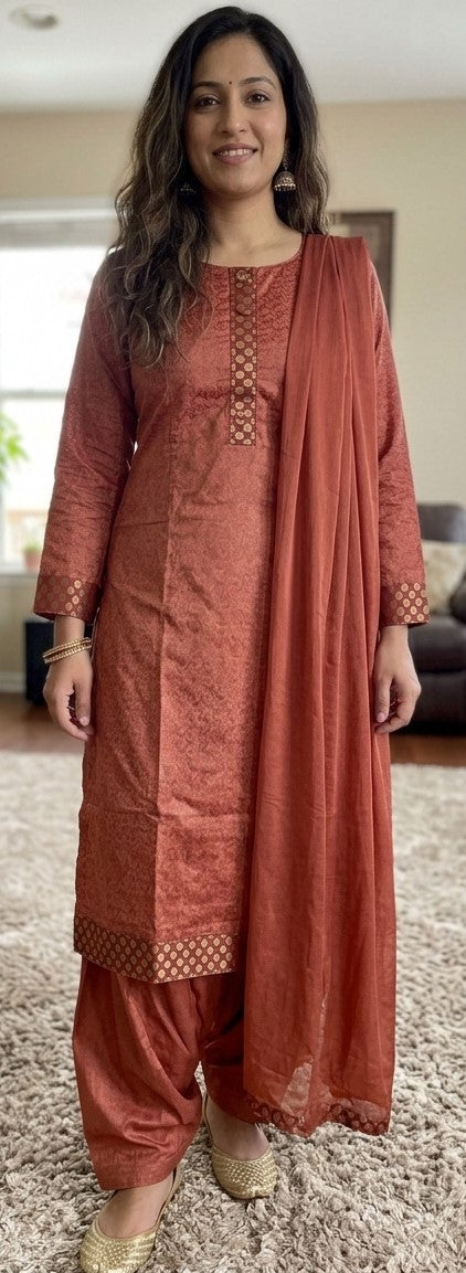 Rust plus size salwar kameez with three-quarter sleeves, matching salwar trousers and dupatta, size 52