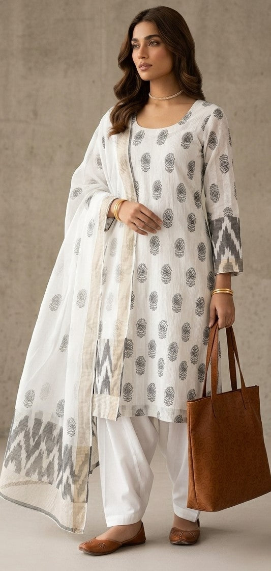 White grey buta print cotton salwar kameez set with ikat dupatta and white salwar pants