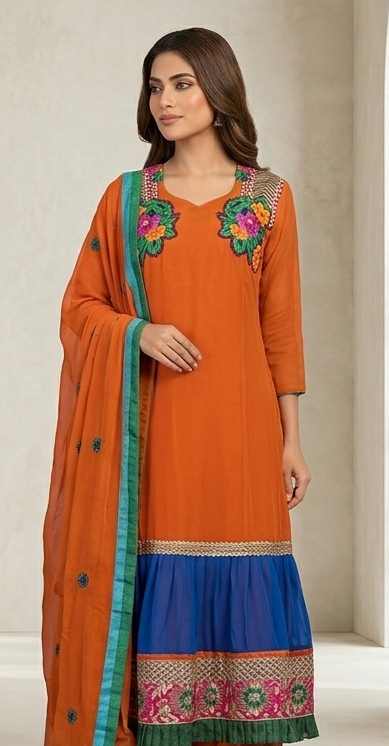 Rust Orange Embroidered Kurta Set with Dupatta plus size 48
