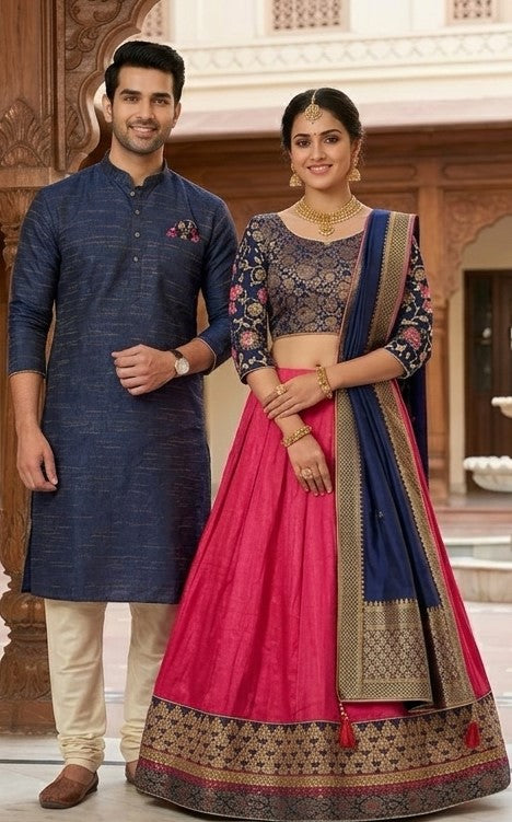 Pink Banarasi lehenga with navy embroidered choli and navy dupatta with gold border - 3 piece set