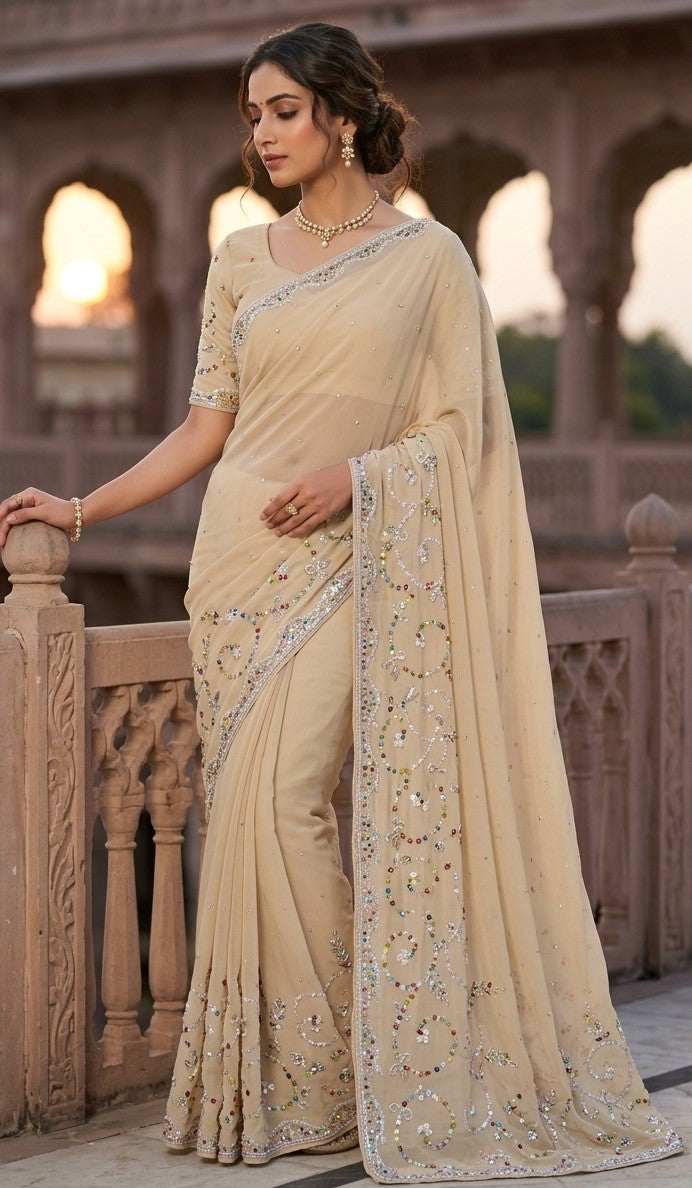 Cream sequin embroidered georgette saree – Indian wedding party wear, no blouse included