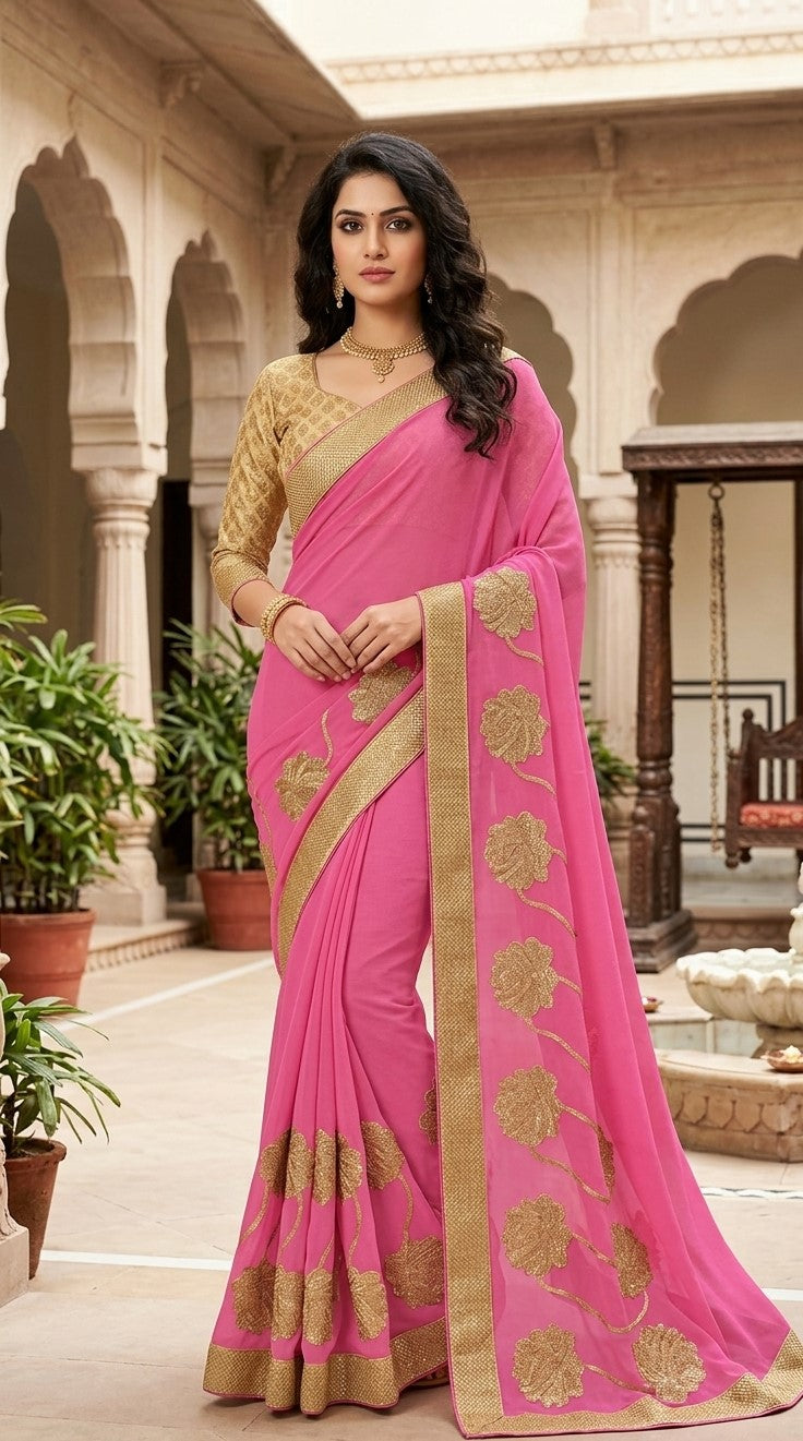 Women's Pink Floral Embroidered Georgette Saree with Gold Brocade Blouse