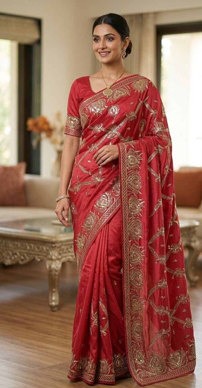 Women's Red Embroidered Silk Saree with Gold Zari Embroidery and Matching Blouse