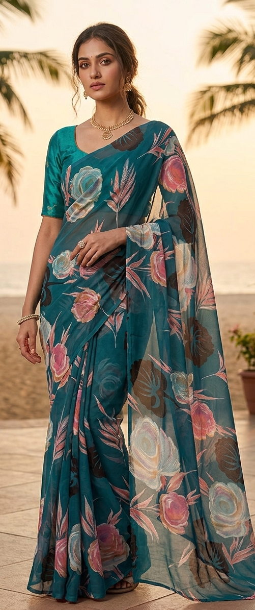 Orange Abstract Print Chiffon Saree