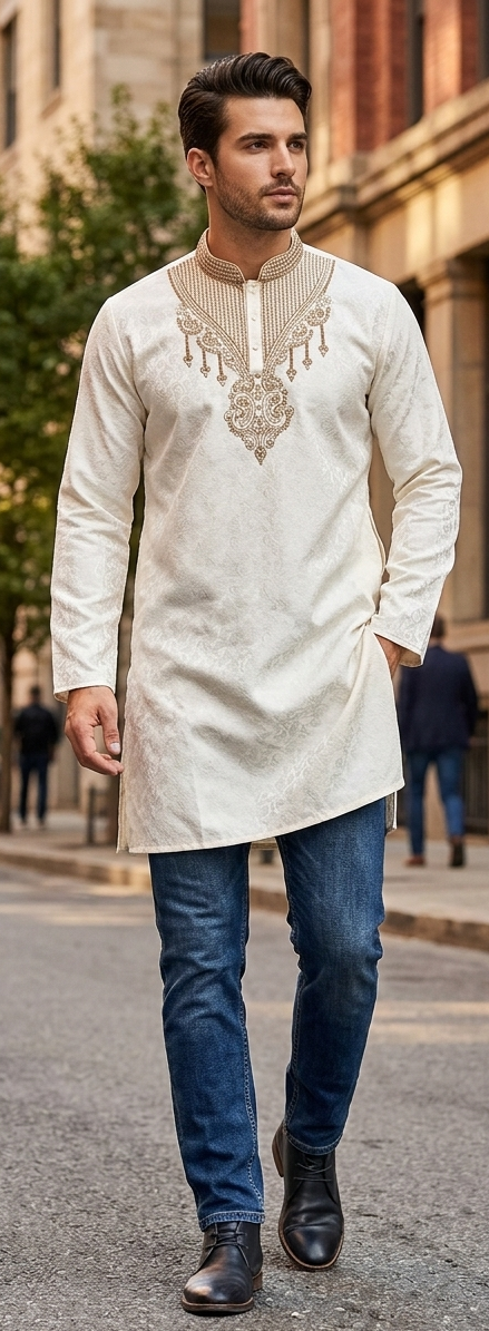 White Embroidered Men Kurta Top