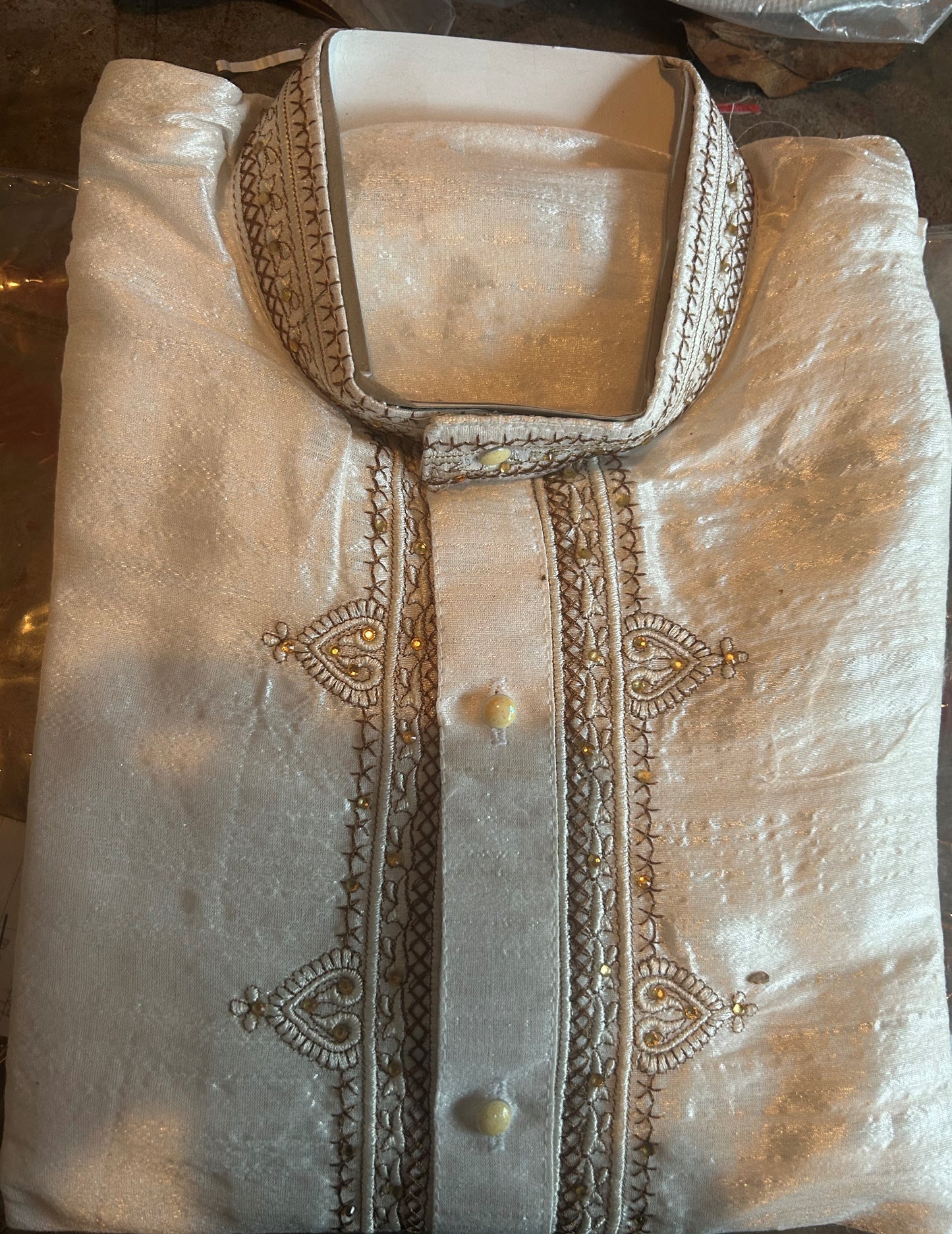 White Silk Boys Kurta Pajama set Age 10,11