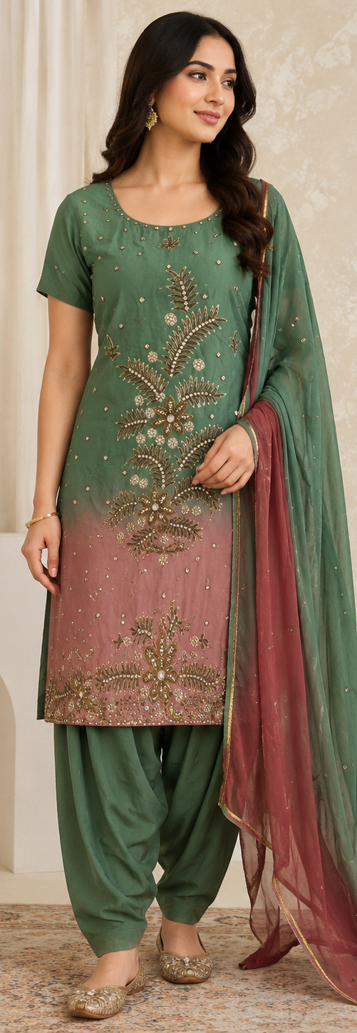 Women’s Designer Green & Dusty Rose Embroidered Salwar Kameez Suit – Short Sleeve – Size 48