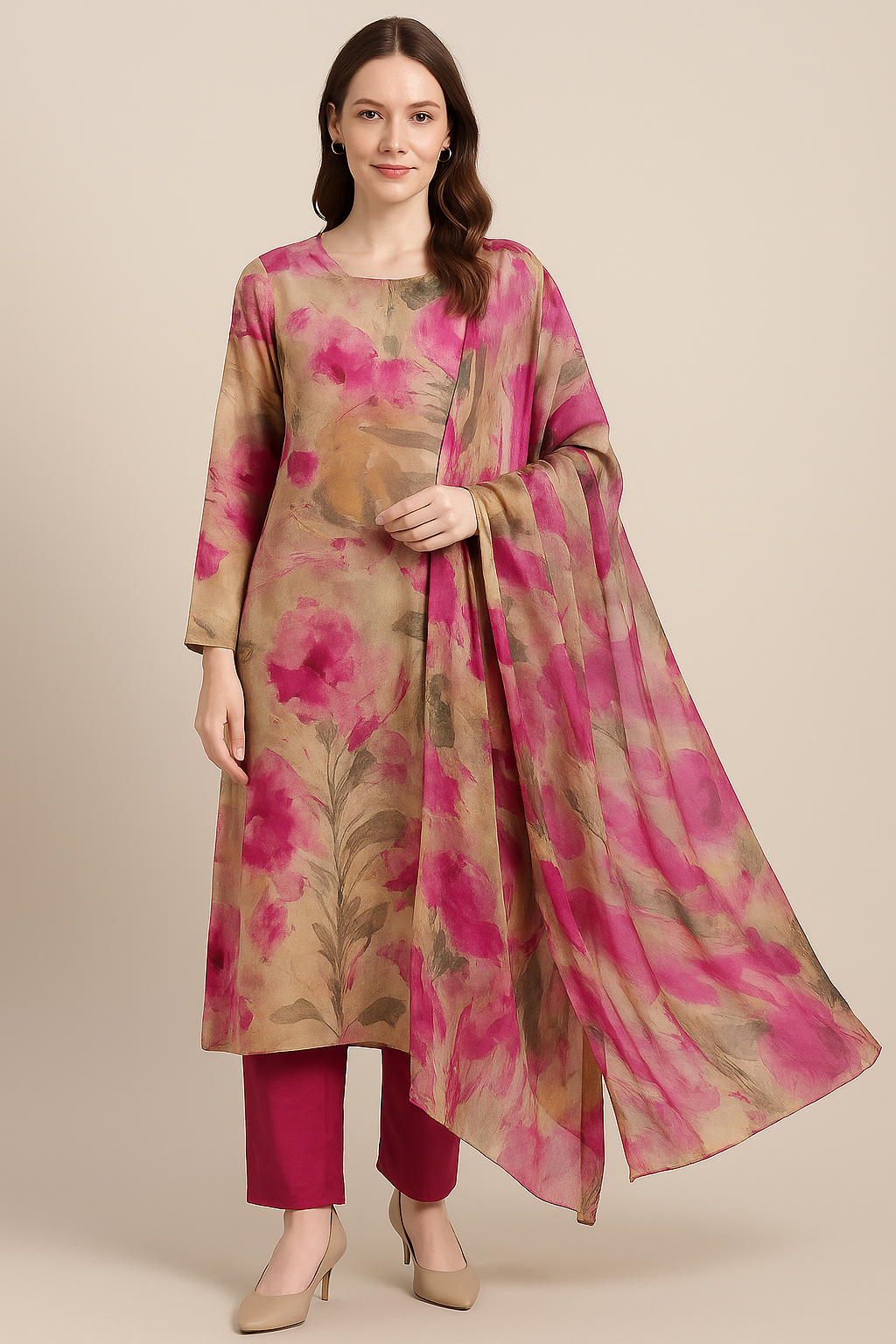 Printed Pink   salwar kameez Dupatta set plus chest size 54