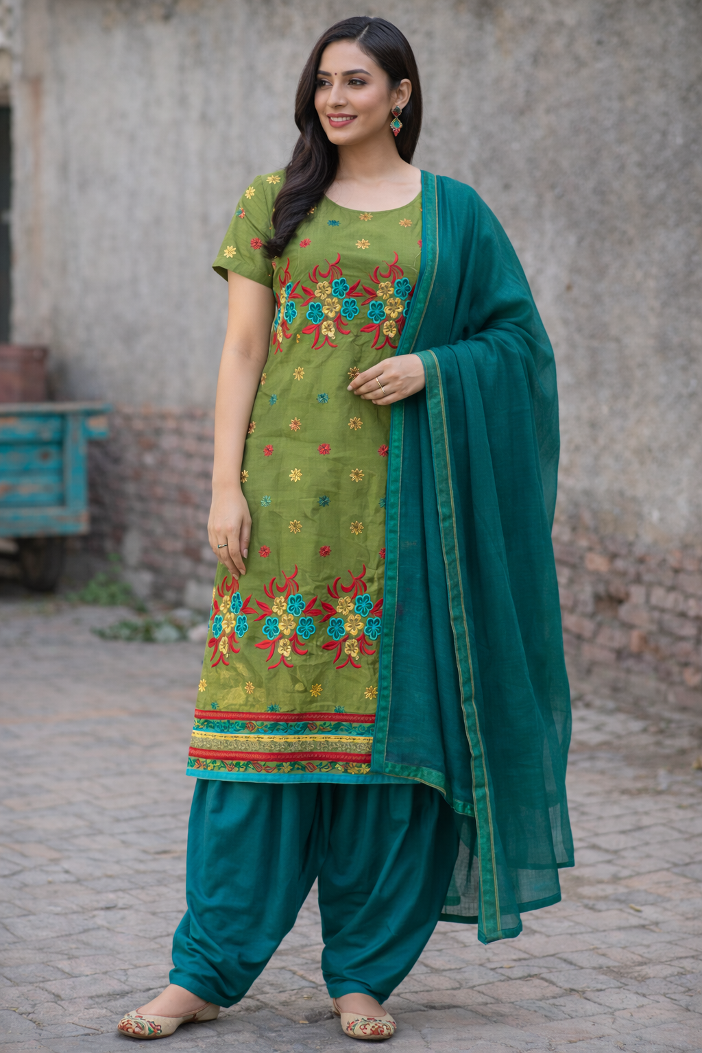Green cotton embroidered  salwar kameez Dupatta chest size 48