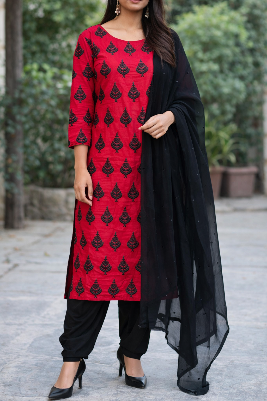 Red Embroidered cotton  salwar kameez Dupatta Plus  chest size 46