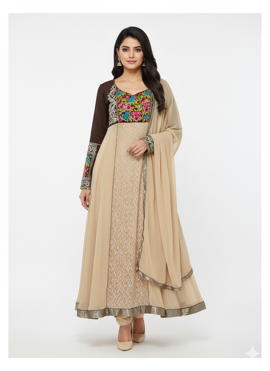 Beige Long sleeves Gown Anarkali salwar kameez Indian wedding Party wear Chest size 42 Large