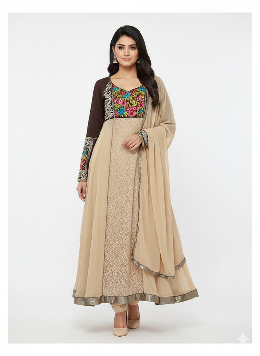 Beige Long sleeves Gown Anarkali salwar kameez Indian wedding Party wear Chest size 42 Large