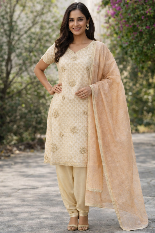 Beige Embroidered Salwar Kameez Dress Plus Chest Size 52 Short sleeves