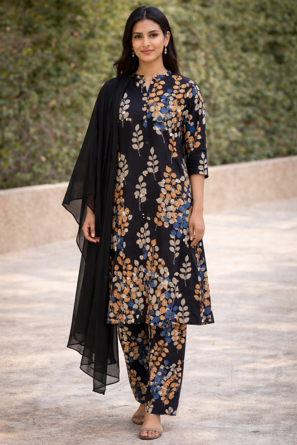 Black Cotton Salwar kameez Dress With Dupatta Plus chest size 48 long Sleeves