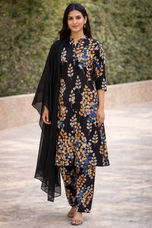 Black Cotton Salwar kameez Dress With Dupatta Plus chest size 48 long Sleeves