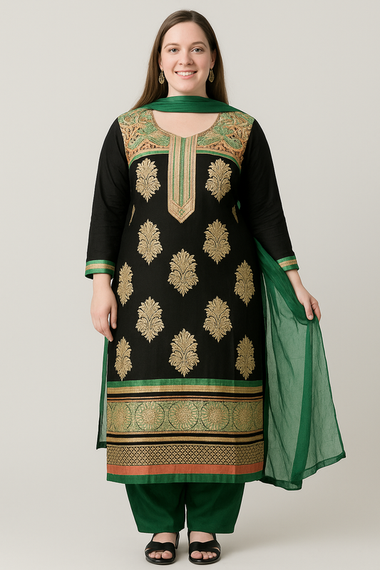 Ornate Gold & Emerald Black Plus-Size 52 Salwar Kameez Set