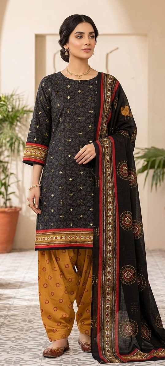 Black & Mustard Printed Cotton Salwar Suit Set with Ajrakh-Style Borders chest size 48