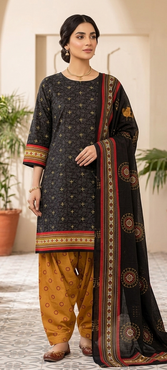 Black & Mustard Printed Cotton Salwar Suit Set with Ajrakh-Style Borders chest size 48