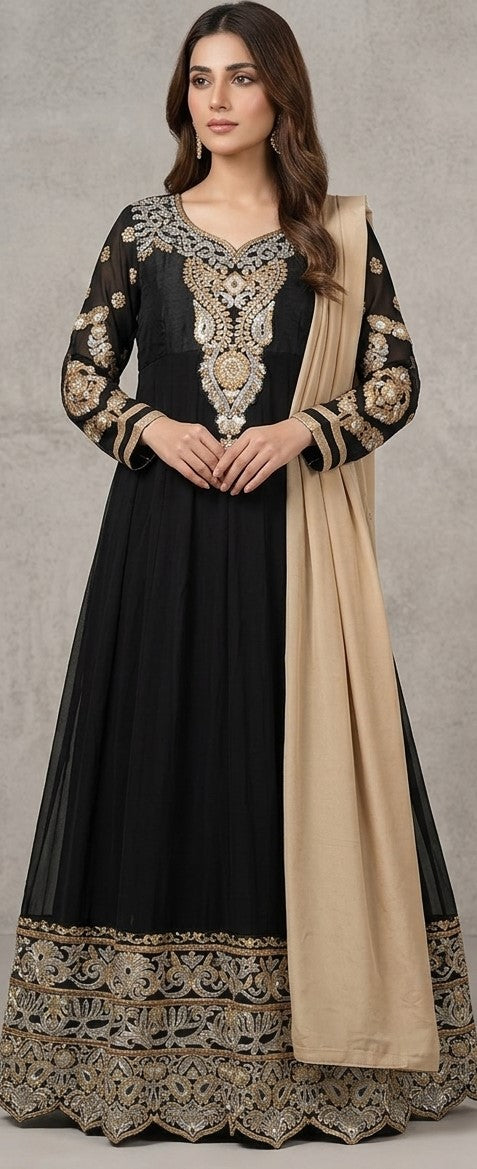 Royal Black Gold-Embroidered Anarkali Suit Set with Contrasting Beige Dupatta chest Size 42