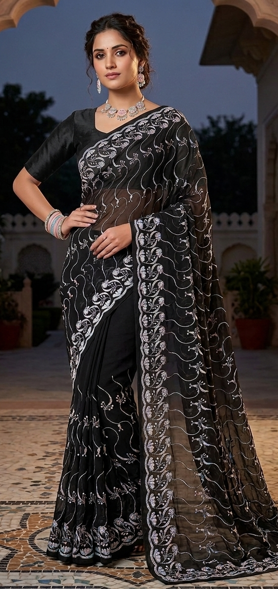 Black georgette saree with allover silver sequin and thread floral vine embroidery, paired with matching black embroidered blouse, worn by a model at dusk